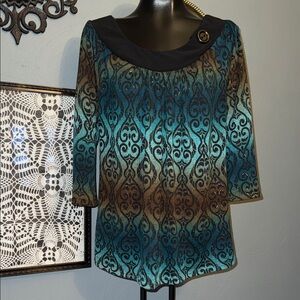 Brittany Black Teal Ombre Boatneck Tunic with Button Accent